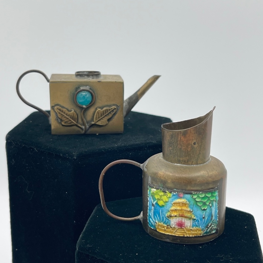Miniature Teapot Watering Can And Pitcher Jug China Enamel Brass